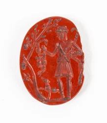 Intaglio de South Shields mostrando a Silvanus-Cocidius (Deidad Cazadora Romano-Celta) con liebre y perro, principios del siglo III d.C.